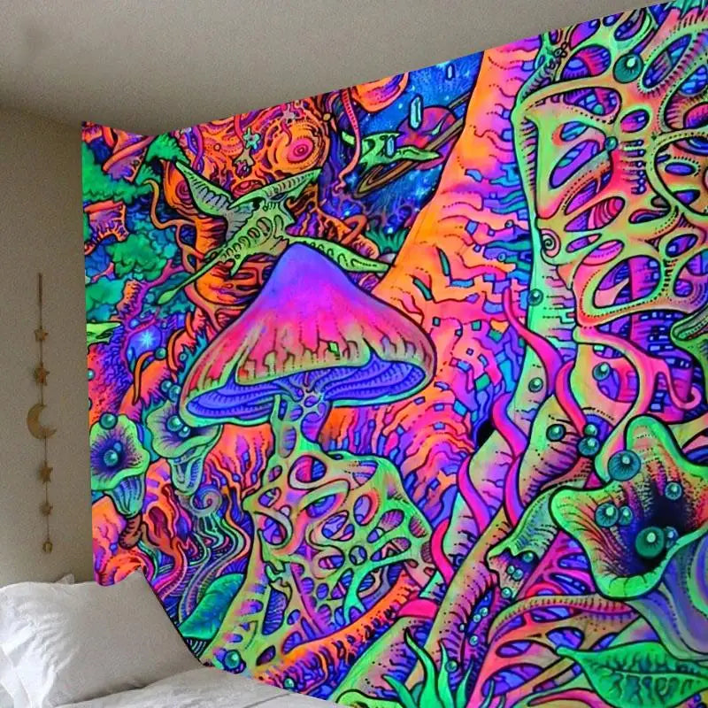 Tapisserie murale forêt psychédélique colorée avec champignons géants et formes organiques, idéale pour décoration intérieure artistique et fantastique