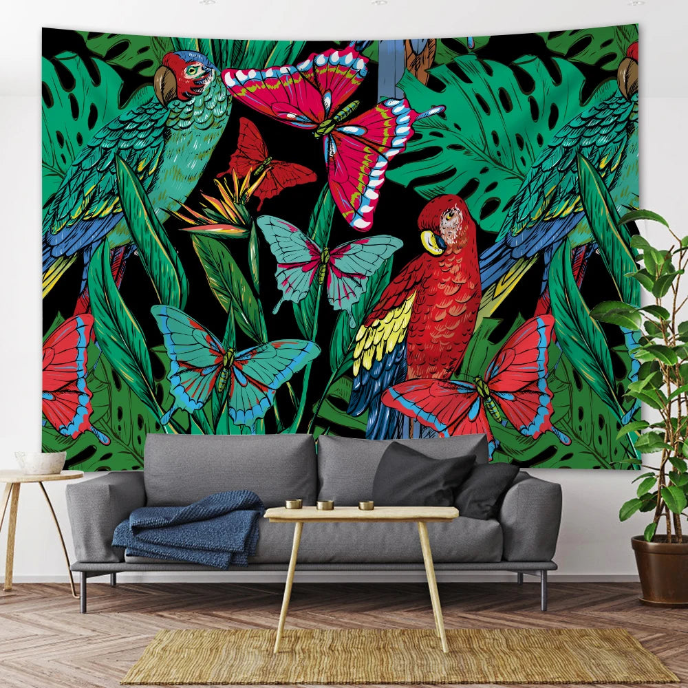Perroquets exotiques et papillons colorés