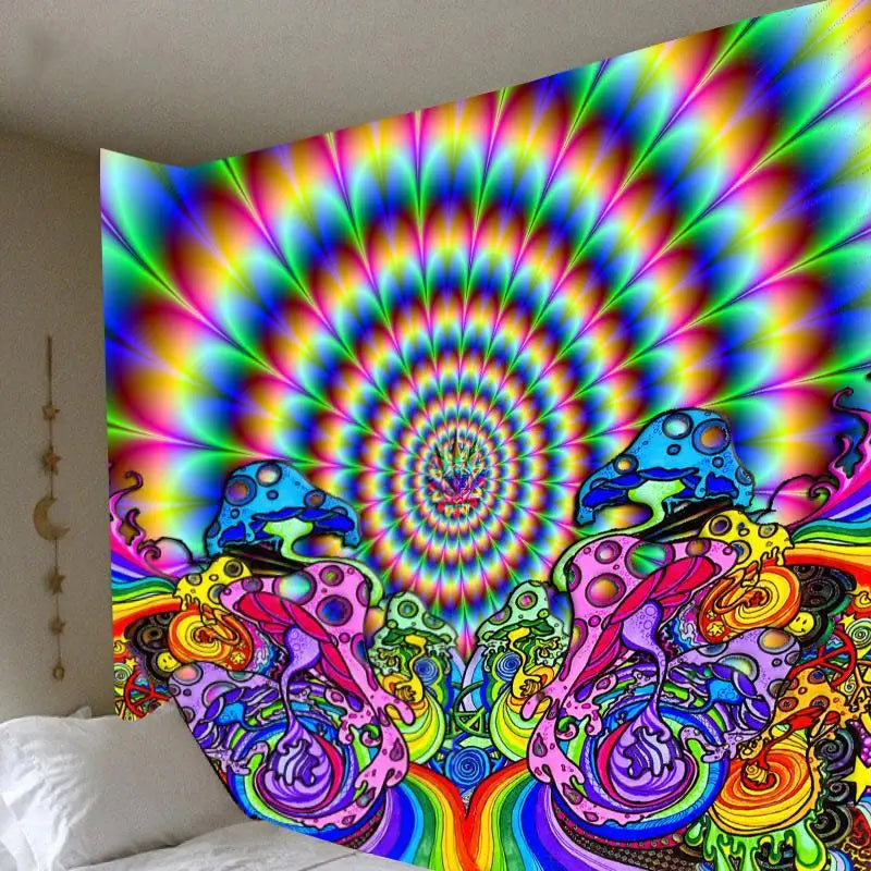 Tapisserie murale illusion psychédélique avec spirale colorée et champignons fantastiques, décoration intérieure artistique et immersive.