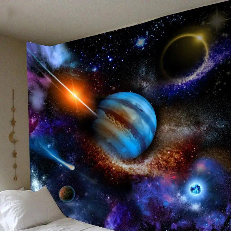 Tapisserie murale système solaire avec planètes et étoiles sur fond cosmique, idéale pour une décoration intérieure inspirante et galactique.