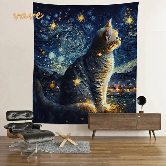 Chat cosmique sous un ciel étoilé