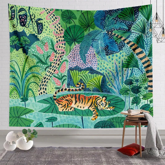Tapisserie murale représentant un tigre couché sur un nénuphar dans une jungle luxuriante

