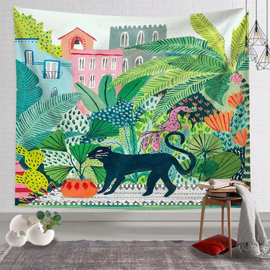 Tapisserie murale représentant une panthère noire dans une jungle tropicale devant des maisons colorées