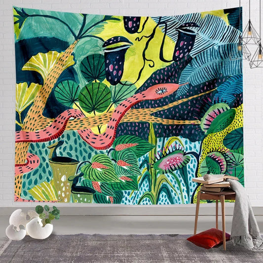 Tapisserie murale représentant un serpent rose dans une jungle verdoyante avec plantes carnivores