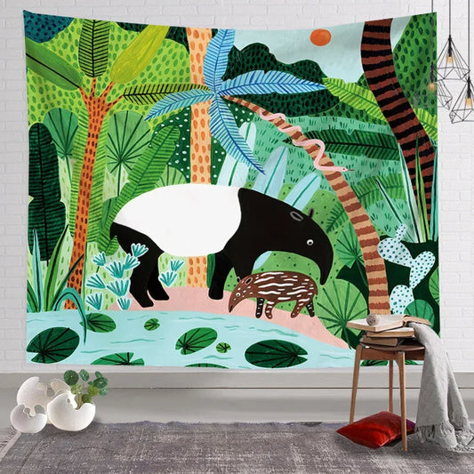 Tapisserie murale représentant un tapir adulte et son petit dans une jungle tropicale verdoyante
