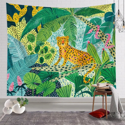 Tapisserie murale représentant un léopard perché dans une jungle tropicale avec flamants roses